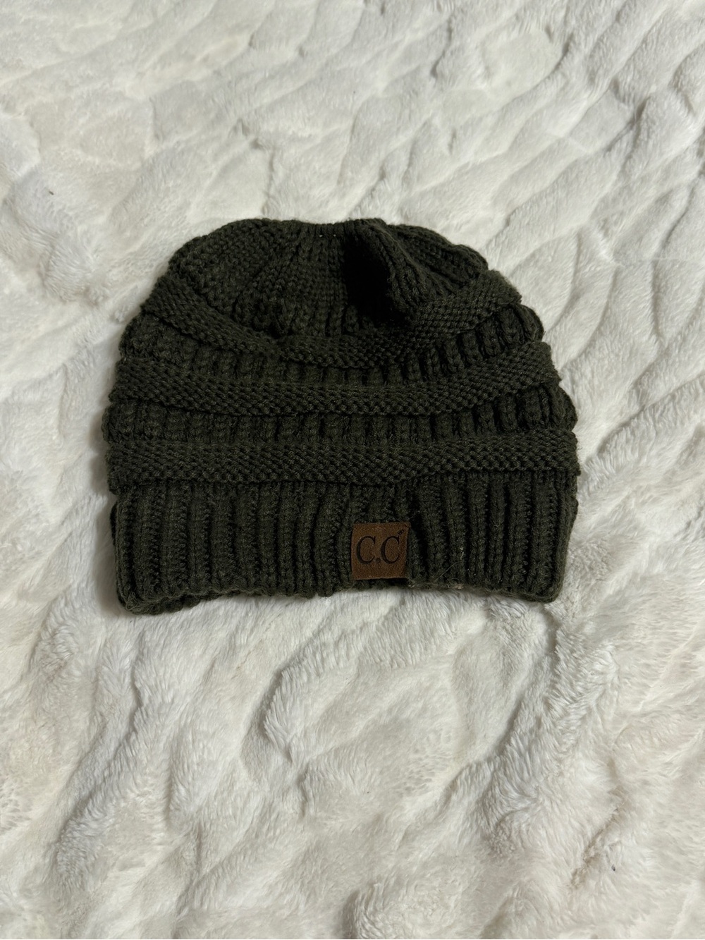 C.C Olive Knit Slouch Beanie with Leather Logo